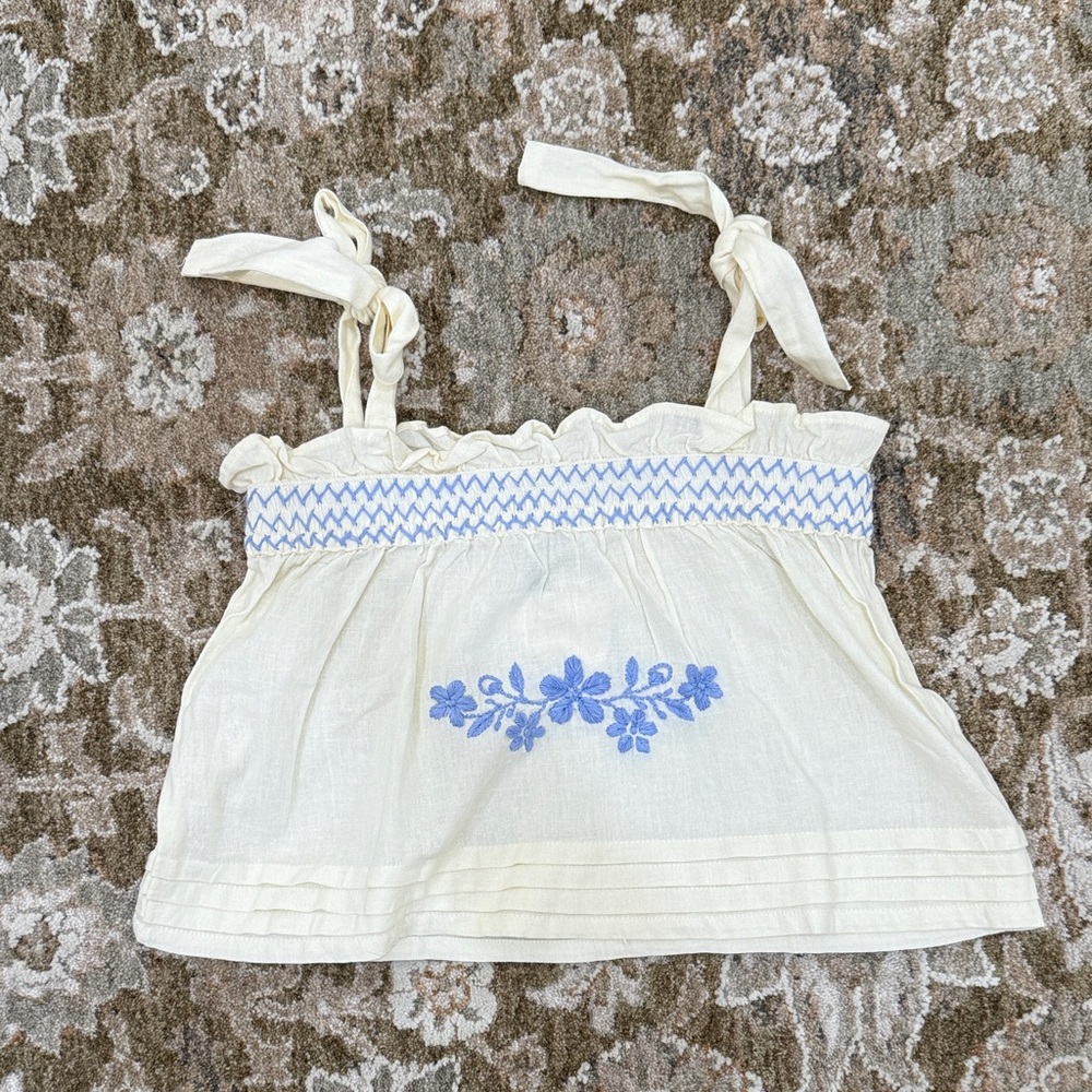 Embroidered Floral Kids Tank Top - Cream and Blue NWT